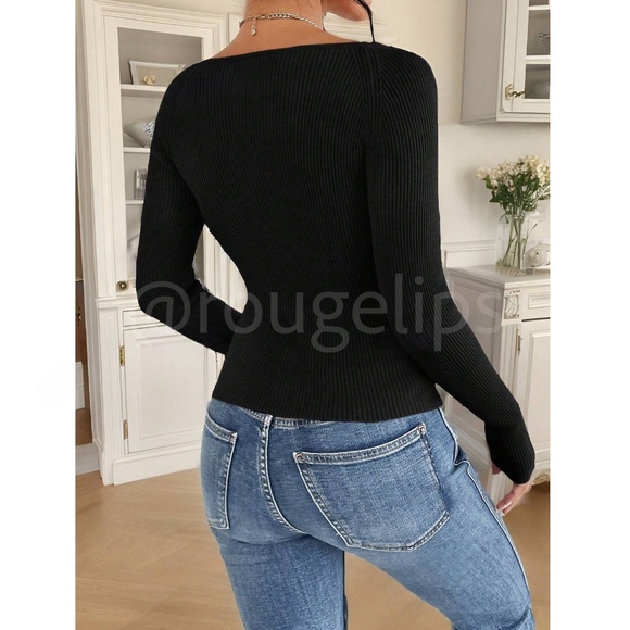 Black Sweetheart Neckline Rib Knit Light Sweater Top Fitted Slim Long Sleeve - Picture 5 of 8